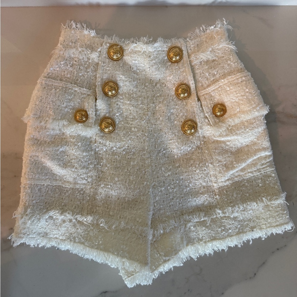 Balmain Cream Tweed Shorts with Gold Buttons